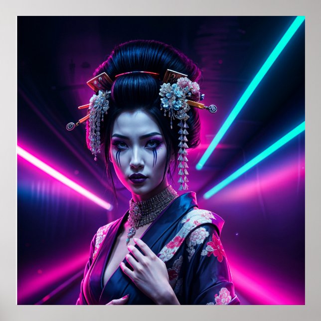 Poster Geisha with Neon Background – Fridge Magnet Art (Devant)