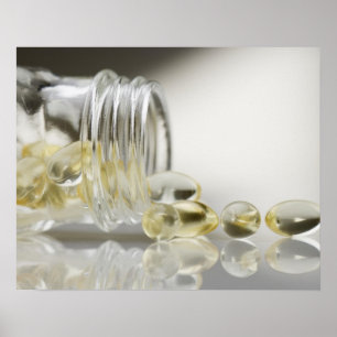 Poster Gelcaps se déversant dans la bouteille de verre