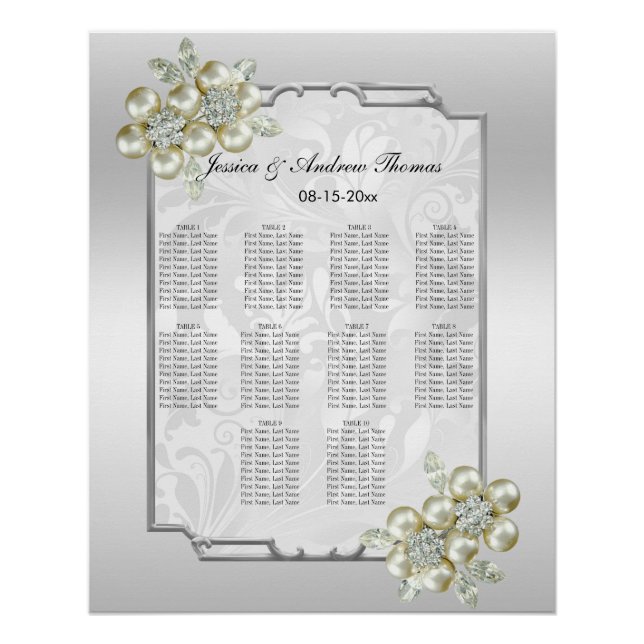 Poster Gemme florale, Argent encadré Mariage carte de siè (Devant)
