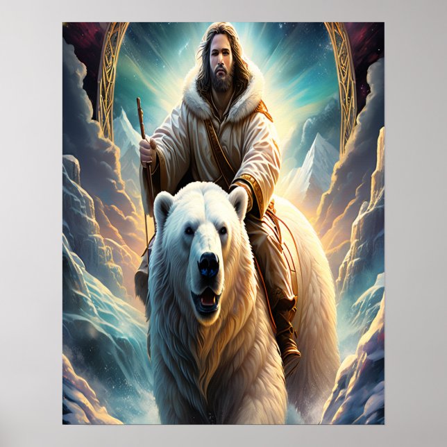 Poster (Généré par AI ) Jésus sur un ours polaire 20x16 (Devant)