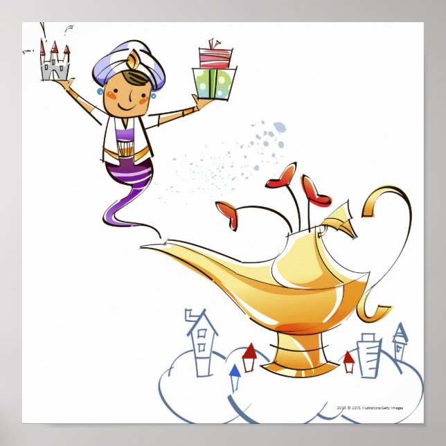 Poster Genie apportant une maison et des cadeaux d'une la (Devant)