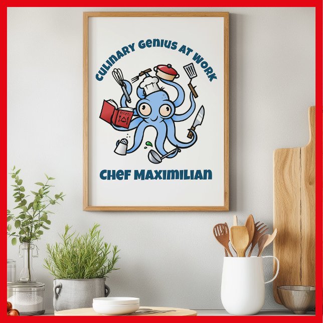 Poster Génie culinaire au travail Cute Cartoon Chef Octop (Culinary genius cartoon octopus on kitchen wall)