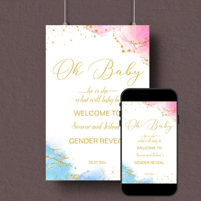 Poster Genre révéler signe d'accueil oh bébé rose bleu (Gender reveal party welcome sign template instant download pink and blue gold glitter)