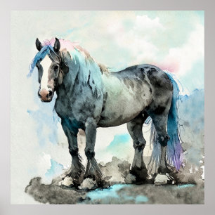 Poster Gentil Cheval de Trait Shire Aquarelle Bleu