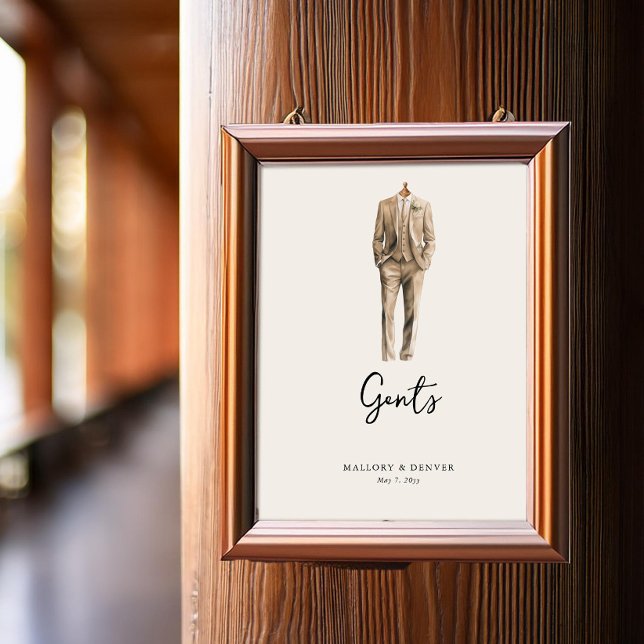 Poster Gents Réception de mariage Lieu Salle de toilettes (Gents Restroom Sign from the Romantic Wedding Signs collection by Darling & May)