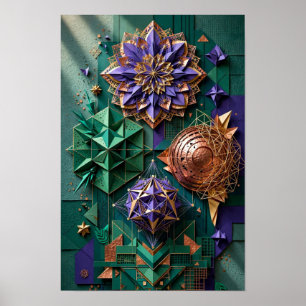 Poster Géométrie de mandala cosmique en relief - Émeraude