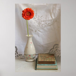 Poster Gerbera orange et livres