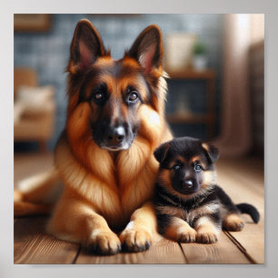 Poster German Shepherd maman et son chiot