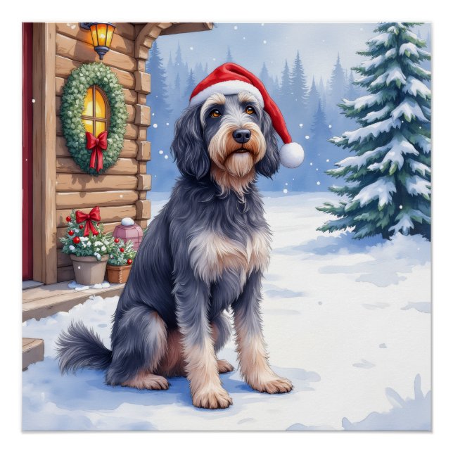 Poster German Wirehaired Pointer Snowy Lodge Santa Hat (Devant)