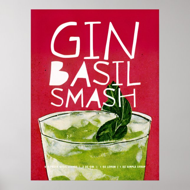 Poster Gin Basil Smash : Un Cocktail Rétro Art Rouge (Devant)