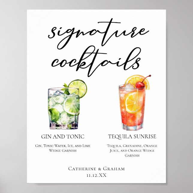 Poster Gin et Tonic Tequila Sunrise Cocktails Menu (Devant)