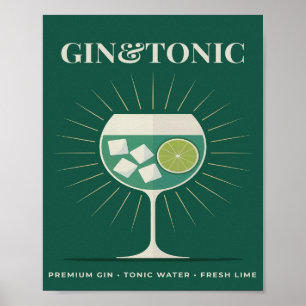 Poster Gin Tonic Rétro Graphique de Cocktail Vert Foncé