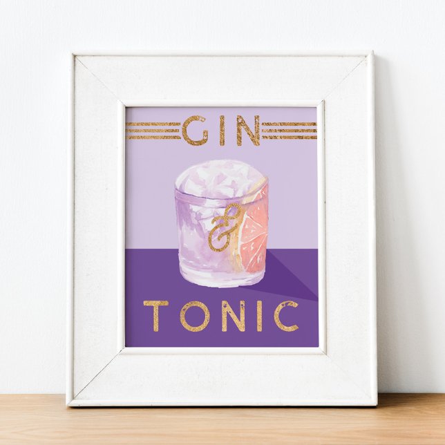 Poster Gin & Tonic Retro Purple Cocktail Aquarelle (Gin & Tonic Retro Purple Cocktail Watercolor Poster)