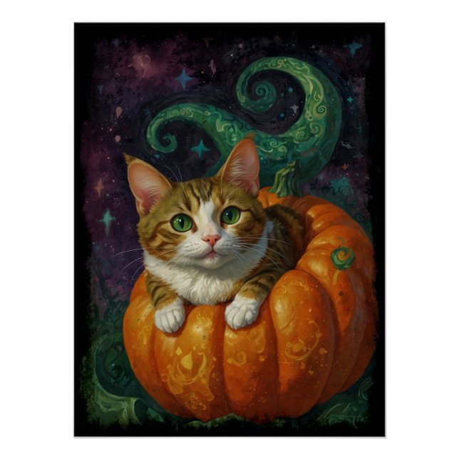 Poster Gingembre d'Halloween et chaton blanc équitation u (Devant)