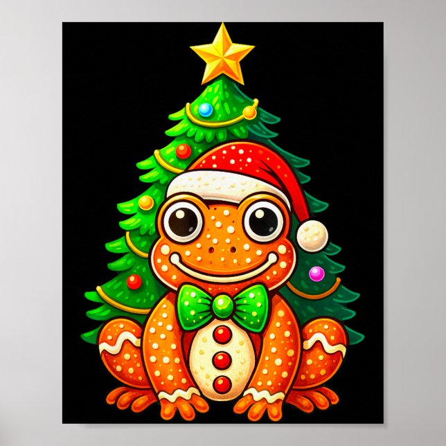 Poster Gingerbread Frog Wearing Santa Hat Christmas Tree  (Devant)