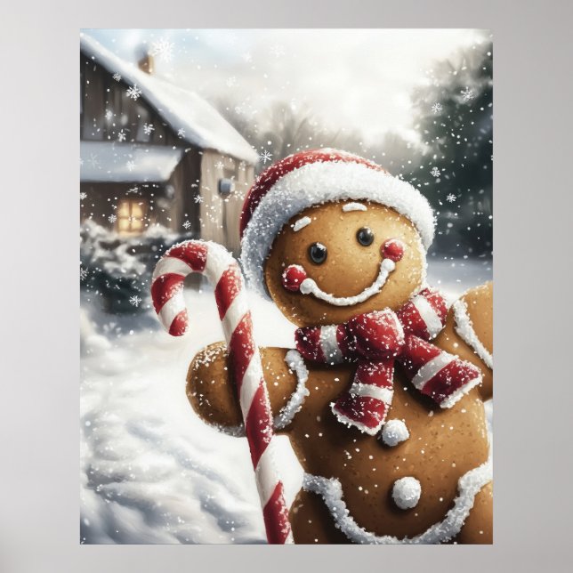 Poster Gingerbread Man with Candy Cane Wall Art (Devant)