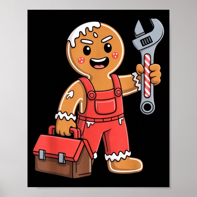 Poster Gingerbread Mechanic Handyman Fixer Worker Christm (Devant)
