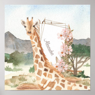 Poster Girafe à l'aquarelle dans la savane africaine pour