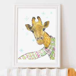 Poster Girafe avec foulard Joli hiver Art animal Pépinièr