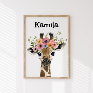Poster Girafe bébé personnalisée avec couronne fleurie