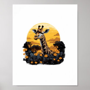 Poster Girafe Coucher de soleil Floral Animal Art Savane