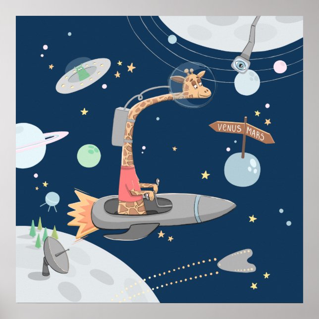 Poster Girafe dans l'espace. Planètes. Nurserie d'animaux (Devant)