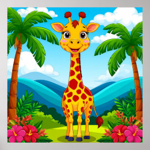 Poster Girafe de dessin animé mignonne dans un paysage tr
