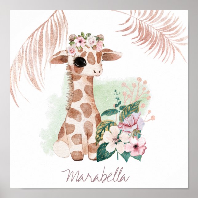 Poster *~* Girafe de nom de bébé Rose Gold Fille Jungle D (Devant)