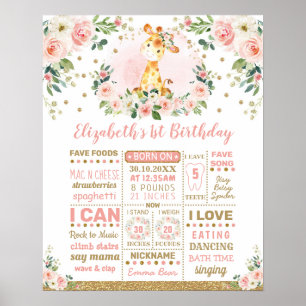 Poster Girafe Fleur d'Or Rose pour le 1er Anniversaire