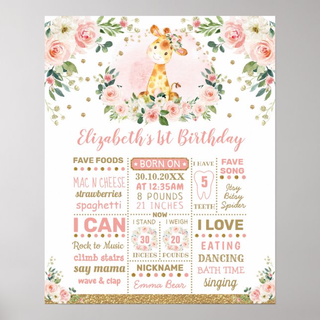 Poster Girafe Fleur d'Or Rose pour le 1er anniversaire (Devant)