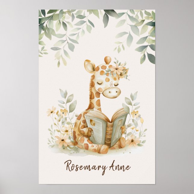 Poster Girafe lisant des livres nurserie jungle animal  (Devant)