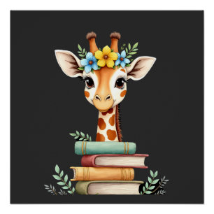 Poster Girafe Mignonne Avec Livre Floral Bibliophile Bibl