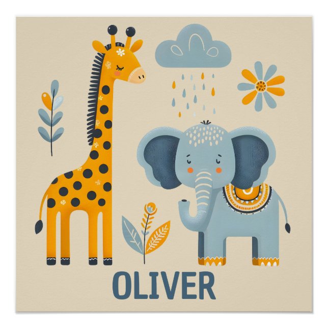 Poster Girafe mignonne et amis de safari éléphant  (Devant)