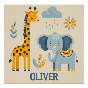 Poster Girafe mignonne et éléphant amis du safari 