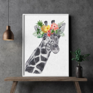 Poster Girafe noir et blanc à couronne de fleurs Animal