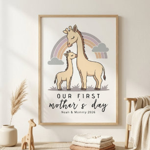 Poster Girafe pastel Maman Bébé Première Fête des Mères N