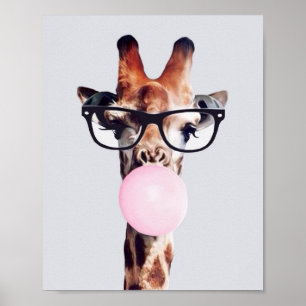 Poster Girafe Portant des lunettes soufflant rose bulle g