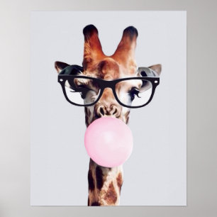 Poster Girafe portant des lunettes soufflant un bubble gu