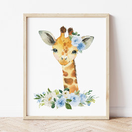 Poster Girafe, Safari, Jungle, Fleurs Bleues, Garçon Cham