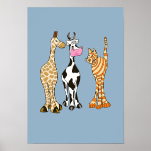 Poster Girafe vache et chat, animaux comiques.