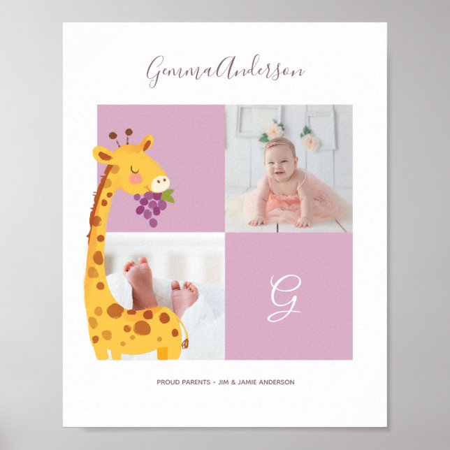 Poster Giraffe ・ Alphabet Monogramme Baby shower mignon (Devant)