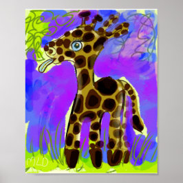 Poster Giraffe Bébé Manger Une Feuille D'Art
