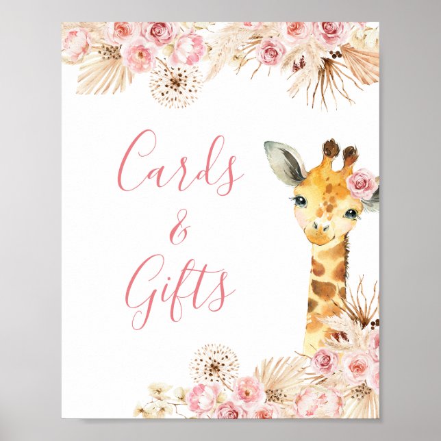 Poster Giraffe Boho Rose Blush Baby showers Cartes et Cad (Devant)