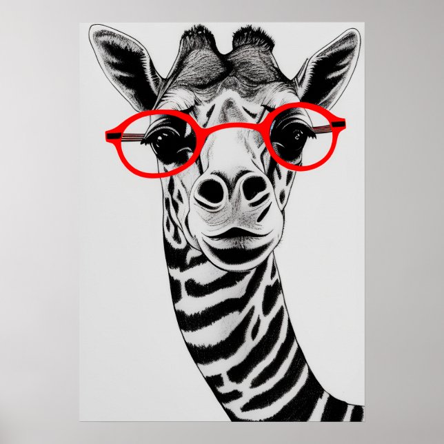 Poster Giraffe cool en lunettes rouges Giraffe Dessin Art (Devant)