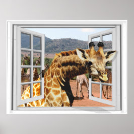Poster Giraffe dans Fake Window View Trompe l'oeil Effet