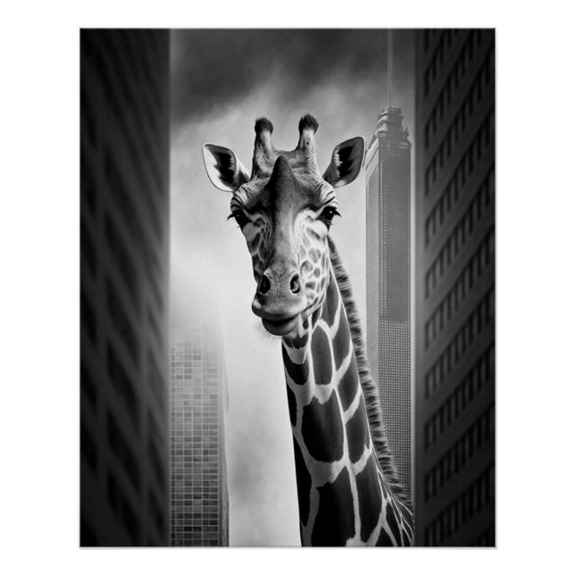 Poster Giraffe dans une cityscape (Devant)