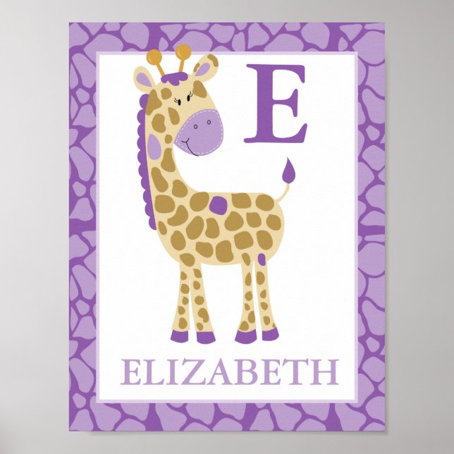 POSTER GIRAFFE DE LA JUNGLE FILLE VIOLETTE NOM PERSONNALI (Devant)