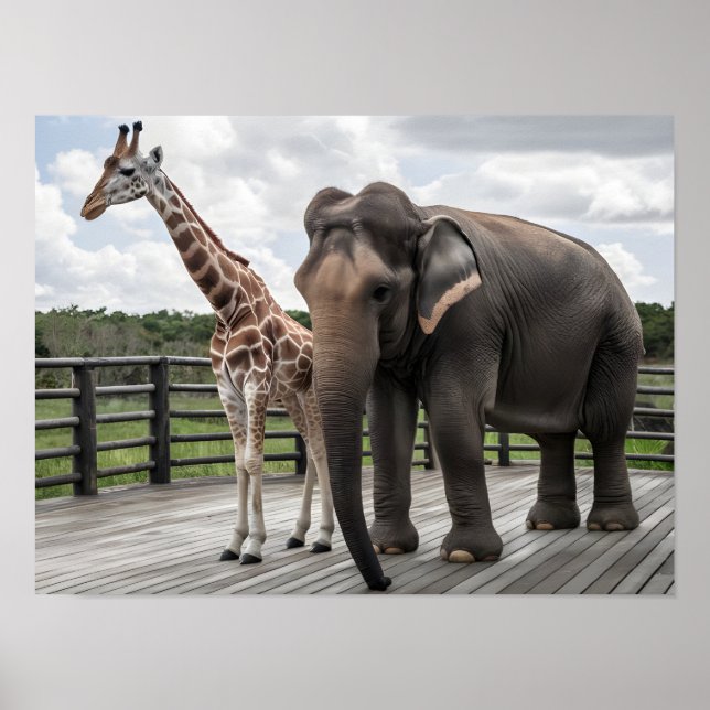 Poster Giraffe élégante et paire d'éléphants sur pont en  (Devant)