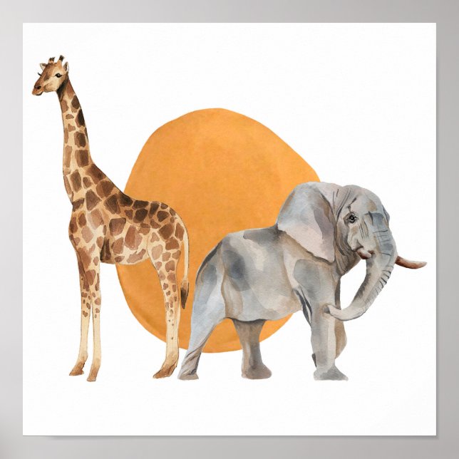 Poster Giraffe et éléphant africains (Devant)