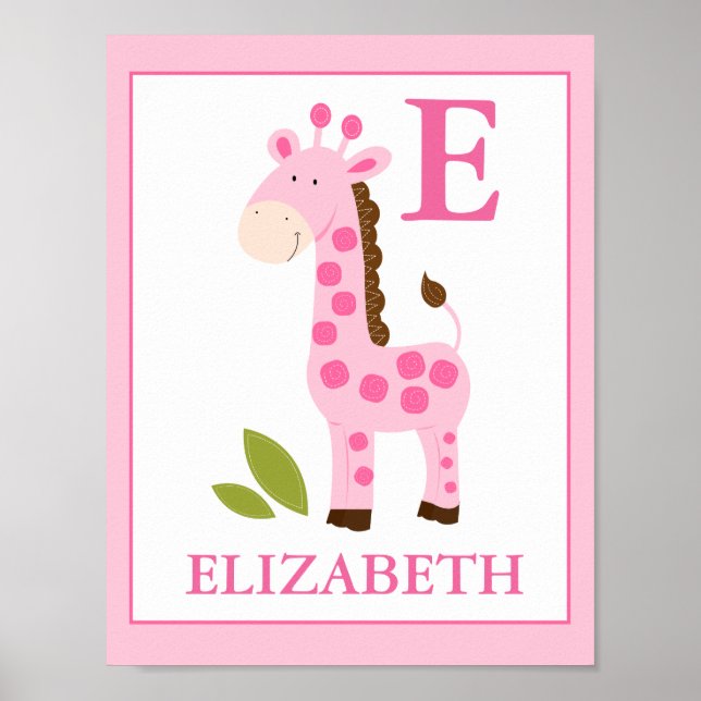 POSTER GIRAFFE FILLE ROSE MIGNON IMPRIMÉ NOM PERSONNALISÉ (Devant)